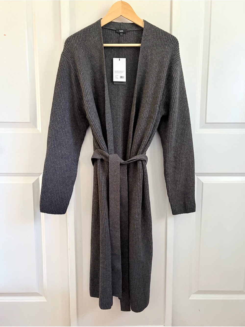 Knix Rib-Knit Duster Cardigan Charcoal Belted Longline Size L NWT